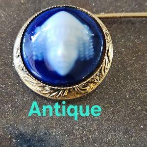 Antique Blue and white porcelain cameo face stick hat pin jewelry